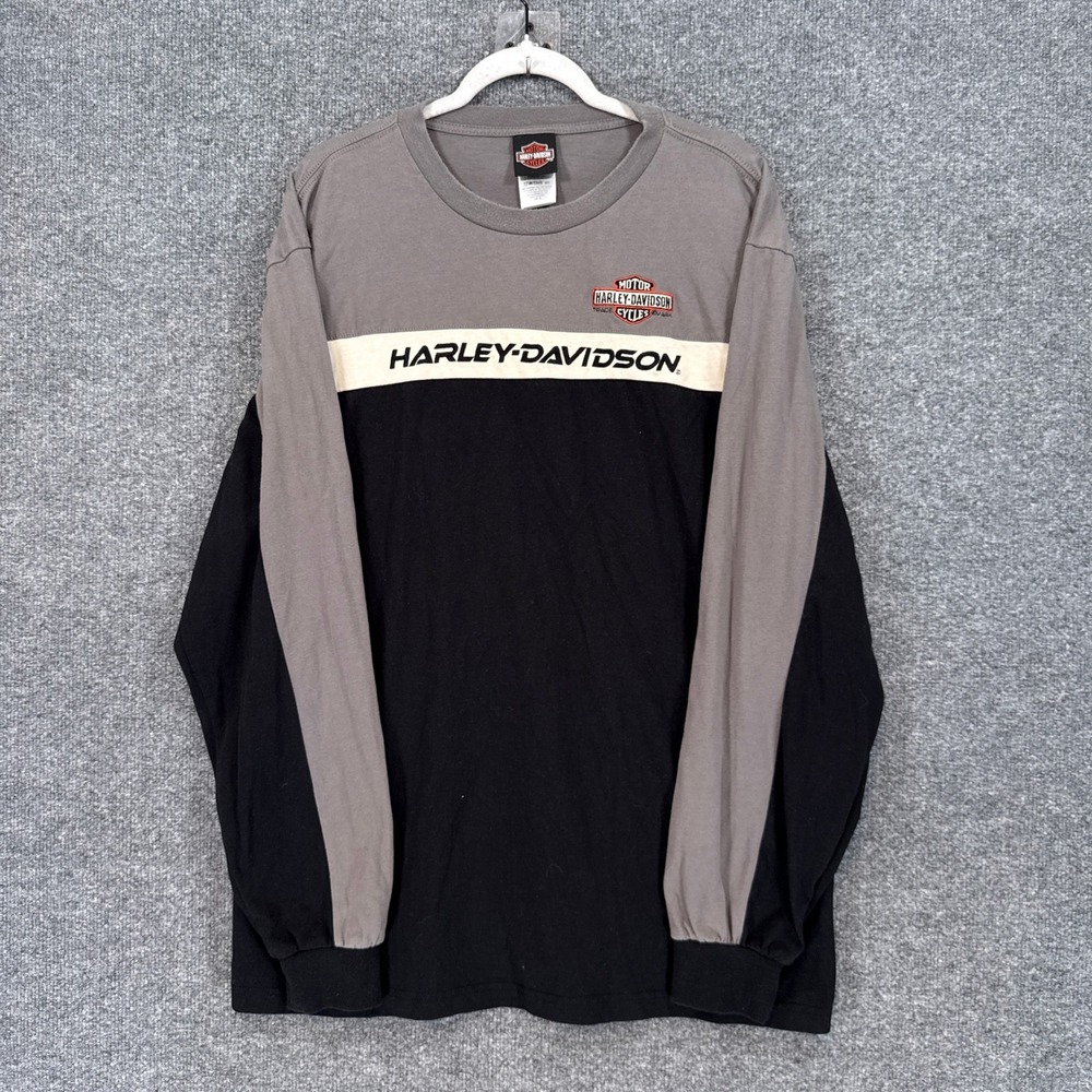 Harley Davidson Shirt Mens XL Black Gray Long Sleeve Graphic Biker Tshirt Y2K